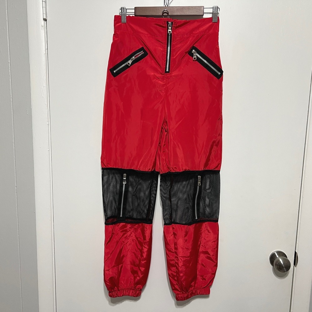 Womens Mesh Zipper Cargo Joggers Size S Red Black Cyberpunk Rave Streetwear Edgy